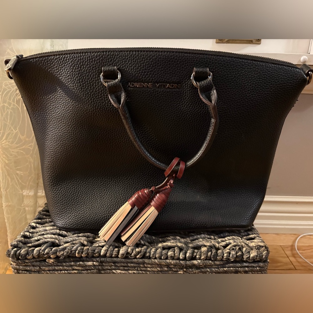 Adrienne Vittadini Black Pebbled Tote Bag Tassel Detail w/ Cross Body Strap